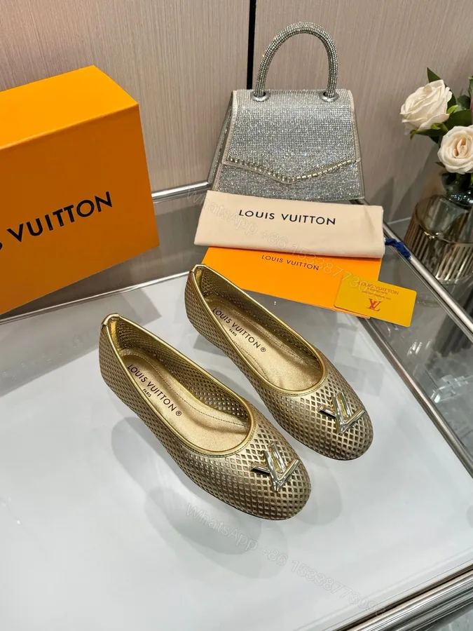 View 1 of LV Women Gold Metallic Mesh Ballet Flats