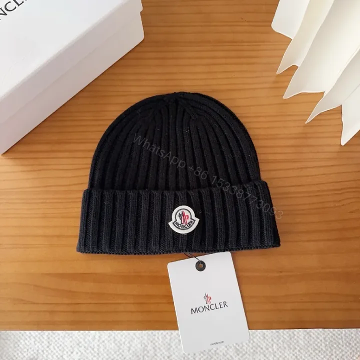 View 1 of Compact Knit Beanie with Moncler Patch - Black, Ribbed Style, Warmth