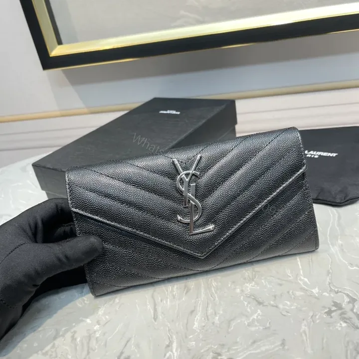 View 1 of Pebbled Leather Envelope Wallet - YSL Hardware, Black, Luxury Style
