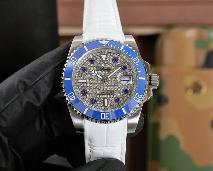 View 1 of Brilliant iced out submariner replica 40MM Blue Bezel Pavé Dial RG-SUB-ICED-BLUE-PAVE-WHITE