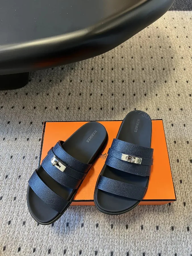 View 1 of Navy Leather Triple-Strap Sandals with Metal Hardware
