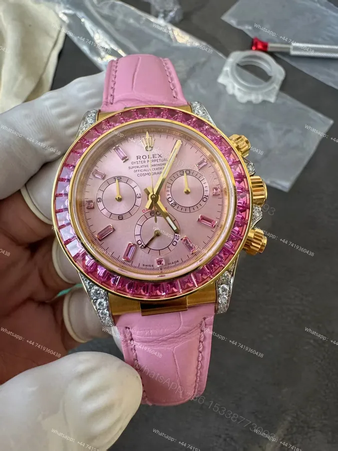 View 1 of Rolex Daytona 126538TRO Pink Dial with Diamond Indexes Pink Sapphire Bezel on Pink Leather Strap Best Super Clone