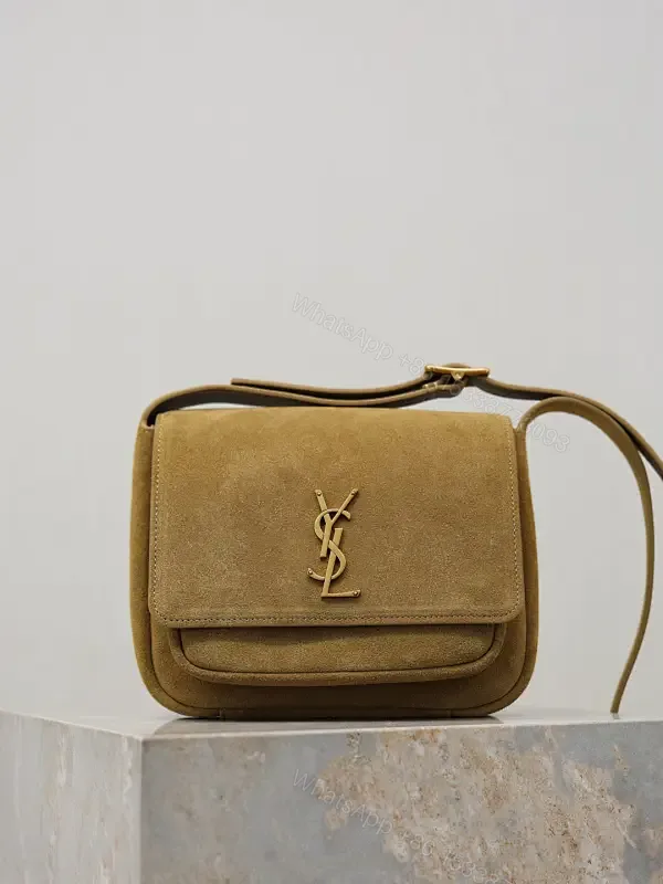 View 1 of Timeless Suede Crossbody with Gold Emblem, Compact Luxury