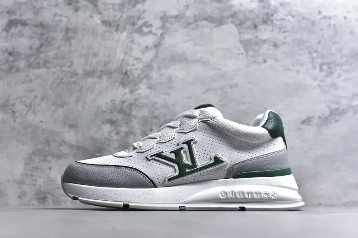 View 1 of Modern Knit-Sneaker in Grey Leather with Green Accents, Comfortable Everyday Luxury