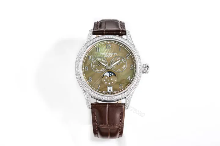 View 1 of Patek Philippe Complications Collection Annual Calendar Moon Phase Ladies’ Watch in Rose Gold/Silver with Diamond Set Case Brown Leather Strap