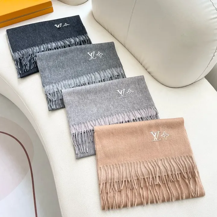 View 1 of Soft Luxury Scarf - Knit, Fringe, LV-Influenced Emblem - 5 Colors - 60s Luxe