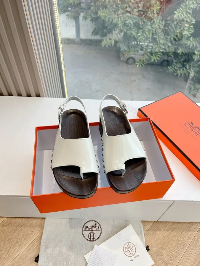 View 1 of Hermes Women White Leather Wooden Sole Sandals
