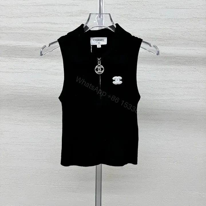 View 1 of Chic Knit Tank: Minimalist Black, Luxe Logo Accent, Zippered Flow