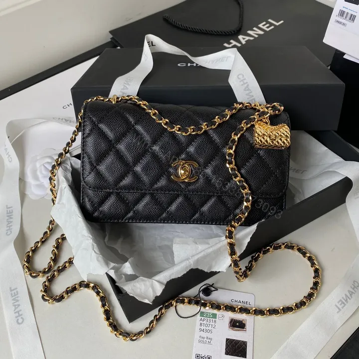 View 1 of Chanel Woc Charm Replica 11 Handbag Lizard Skin Black With Gold Lock 20cm