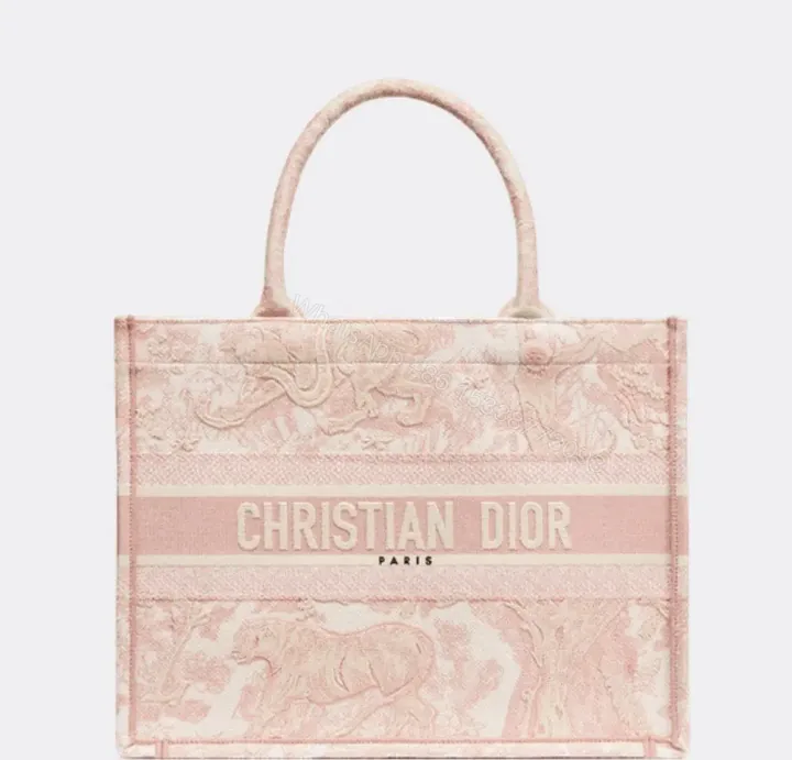 View 1 of Design MEDIUM BOOK TOTE Ecru and Pink Toile de Jouy Embroidery (36 x 27.5 x 16.5 cm) – Dubai Fashion LUX