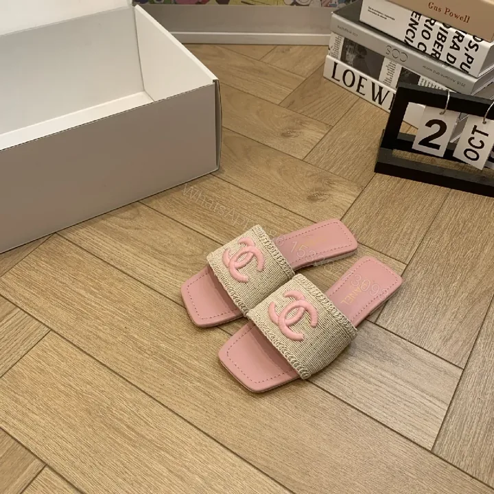 View 1 of Pink Raffia Slide, Interlocking Logo, Luxe Comfort Slides