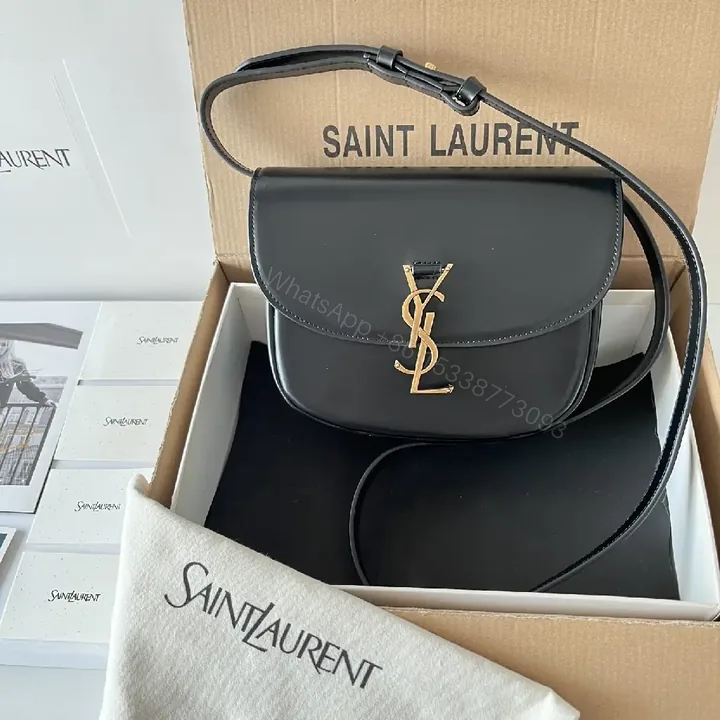 View 1 of Compact Black Leather Crossbody: Gold YSL-Inspired Minimalist Bag