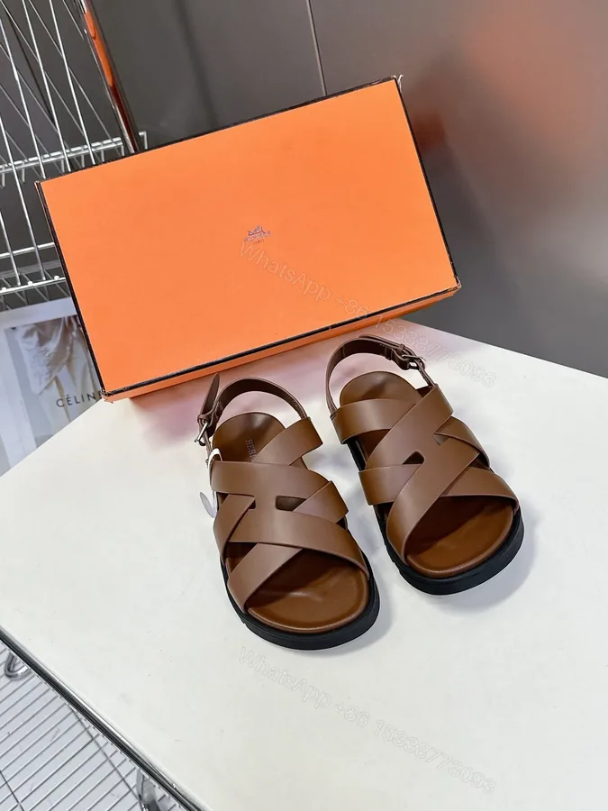 View 1 of Hermes Women Brown Leather Strappy Sandals