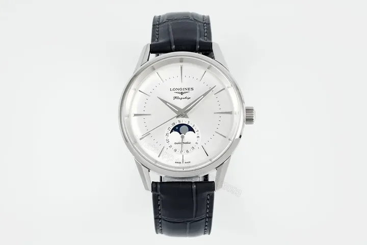 View 1 of Longines Classic Flagship Moonphase Watch Silver Dial Black Leather Strap