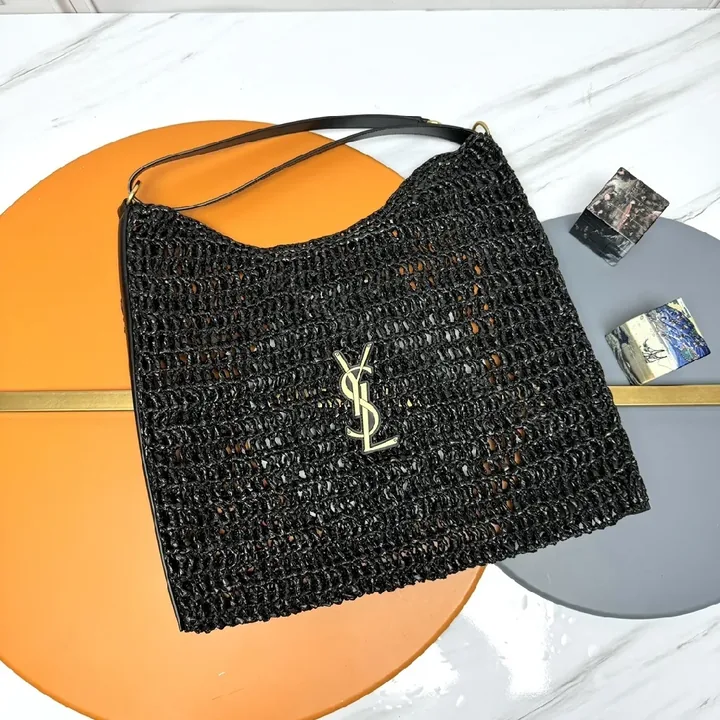 View 1 of Handwoven Mesh Tote: Luxe Black, Gold Logo, Everyday