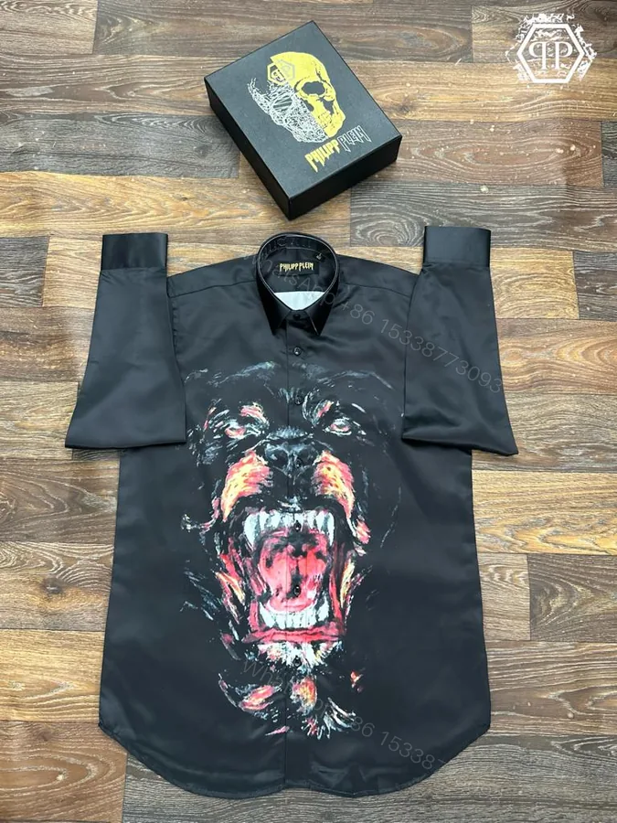 View 1 of Philipp Plein Store Article Printed Black Dogs Shirt First Copy | Premium Replica