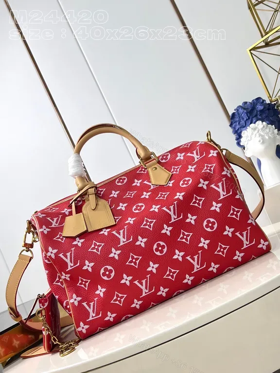 View 1 of Bold Red Satchel: LV-Inspired Monogram Pattern Carryall