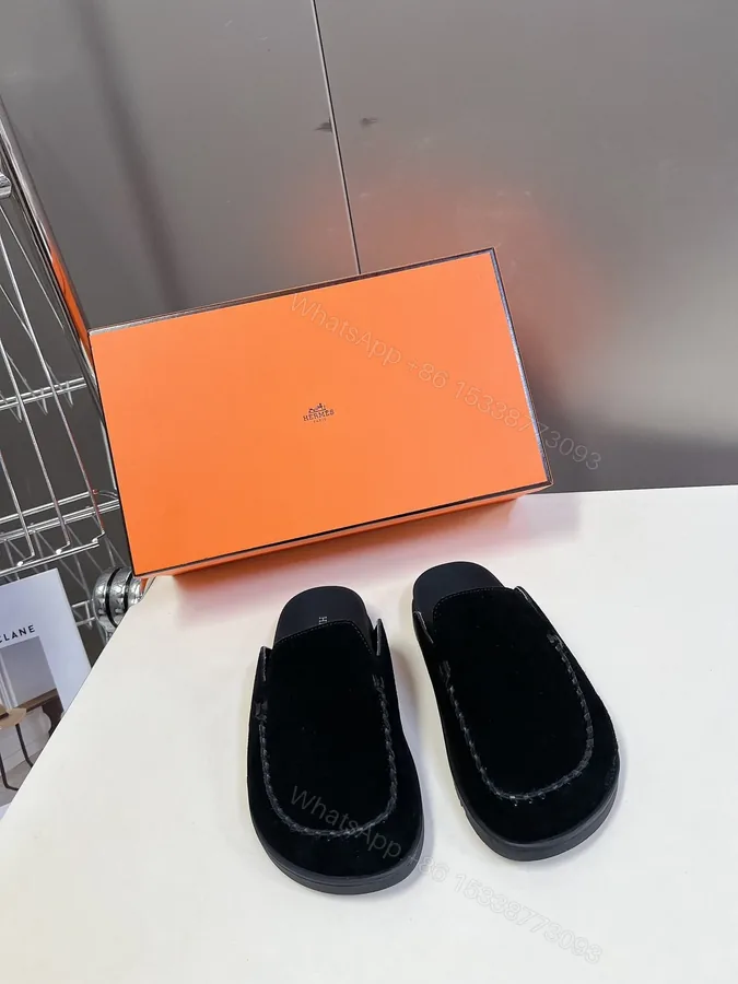 View 1 of Hermes Women Black Suede Slippers