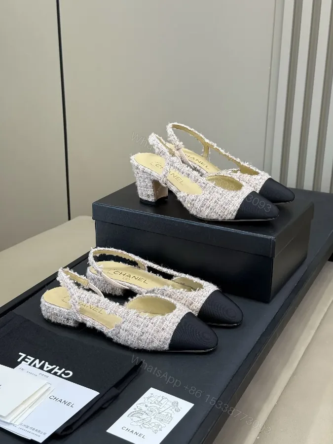 View 1 of Tweed Textured Slingback Pumps with Black Cap Toe, Open Back