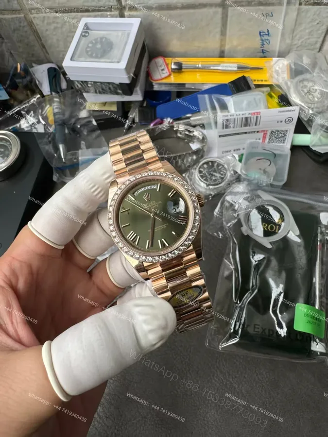 View 1 of Rolex Day-Date M228345RBR-0011 1:1 Replica Olive Green Dial Moissanite Bezel 40MM 3255 Movement Presidential Bracelet Super Clone Watch