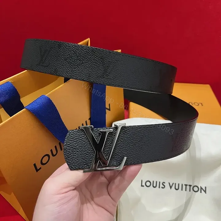 View 1 of Black Leather Belt Luxury Wide with Silver LV Buckle