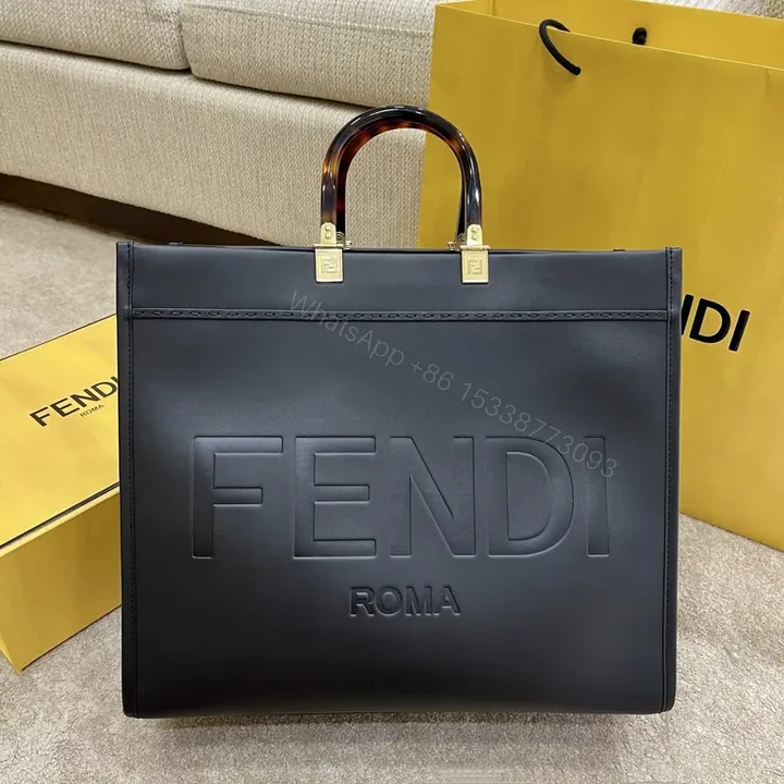 View 1 of Fendi Roma Tote: Structured Black Leather, Gold Hardware, Embossed Logo