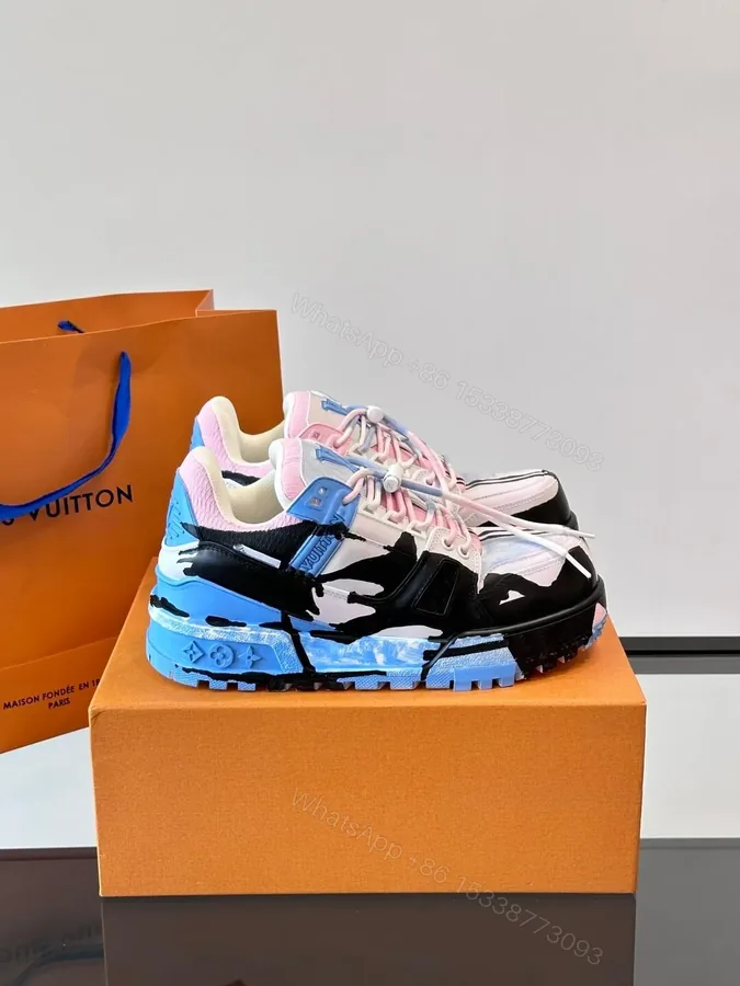 View 1 of LV Men Blue Pink Black Leather Sneakers