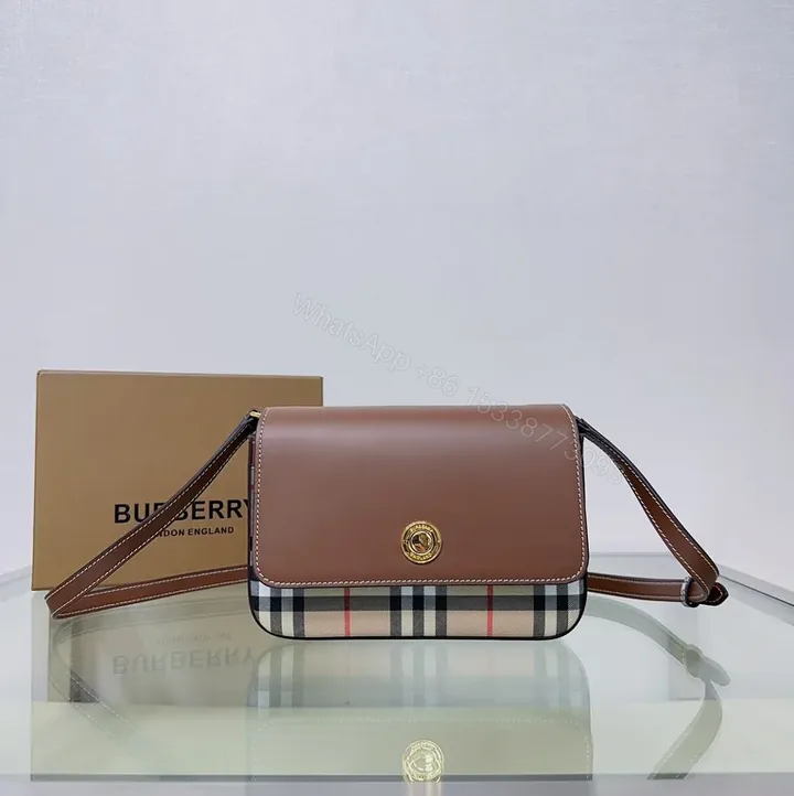 View 1 of Chic Burberry-Inspired Leather Crossbody Bag with Checkered Front