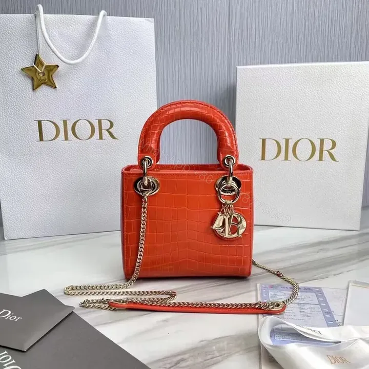View 1 of Croc-Embossed Dior Bag: Chic Red, Gold Accents, Top Handle