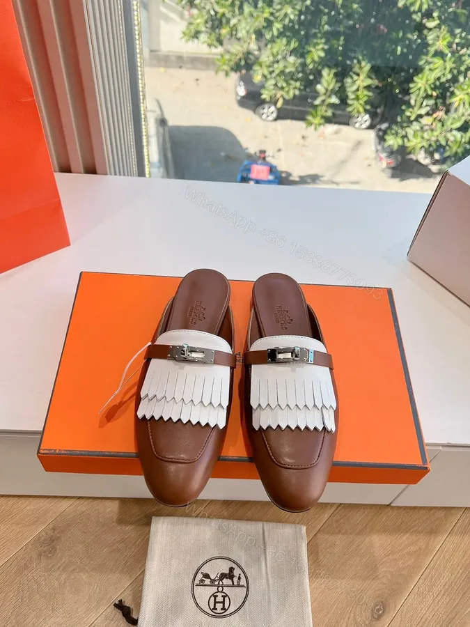 View 1 of Hermes Women Brown White Leather Fringe Mules