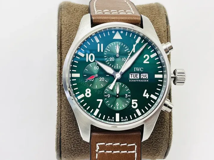 View 1 of IWC Green Brown Pilot Chronograph Green Dial Leather Strap Ultimate 43MM IWC-PILOT-CHR-GRN43-L