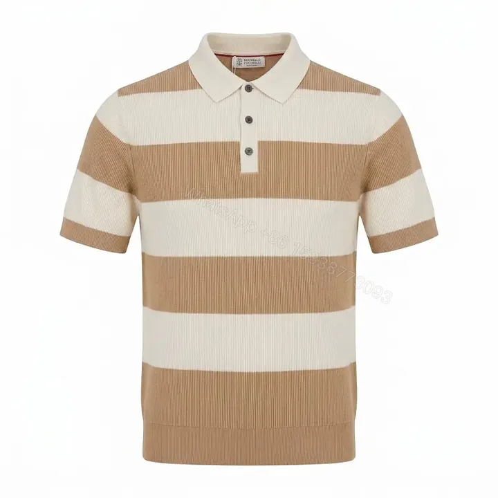 View 1 of Camel & Cream Ribbed Stripe Polo Shirt with Button Placket