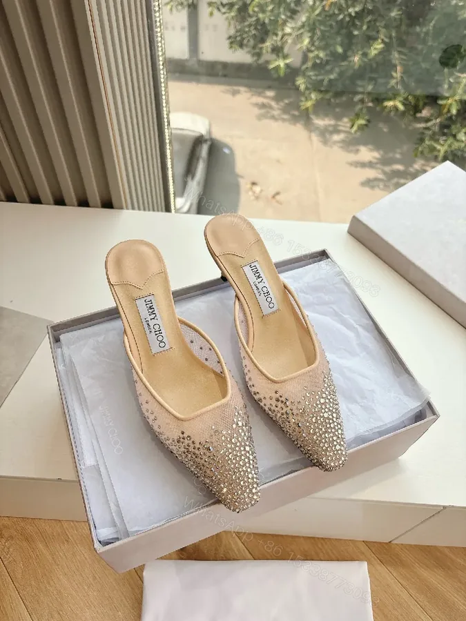 View 1 of Beige Beaded Pointed-Toe Mules — Luxe Crystal Shine