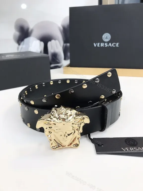 View 1 of Statement Belt: Black Leather, Medusa Buckle, Gold Studs, Luxury