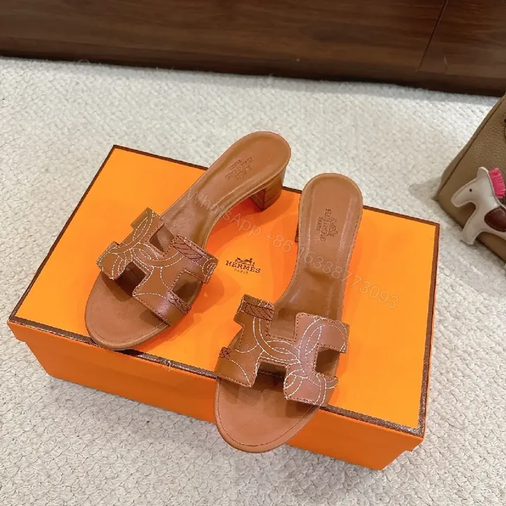 View 1 of Brown Leather Sandals with Signature Stitching Luxury Comfort