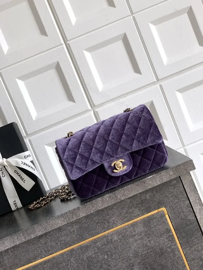 View 1 of Velvet Quilted Flap Bag with Gold Hardware - Chic Purple