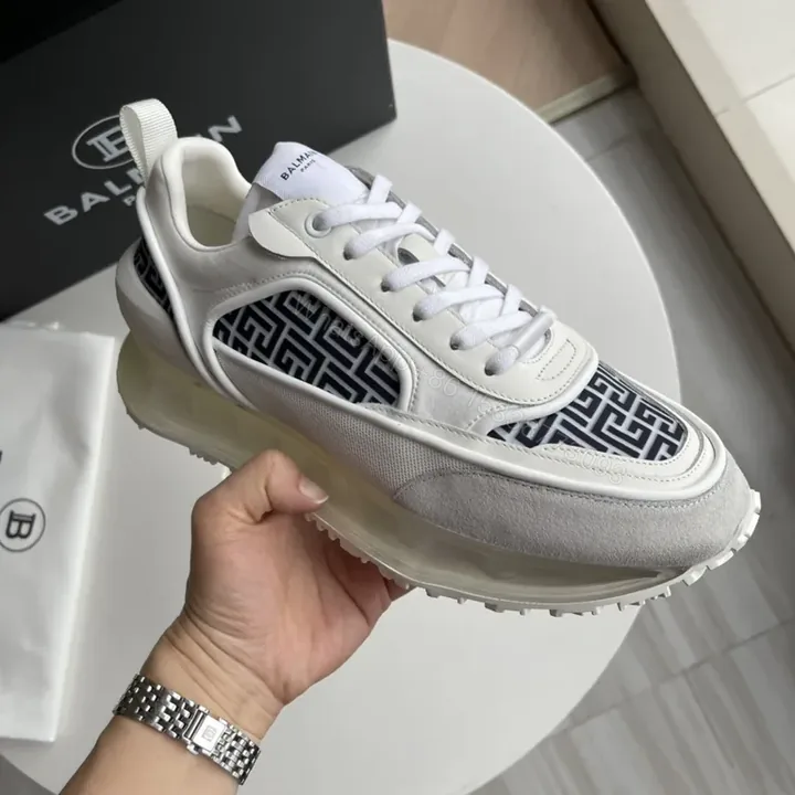 View 1 of Ivory Leather Balmain Runner: Graphic Geometry Sneaker