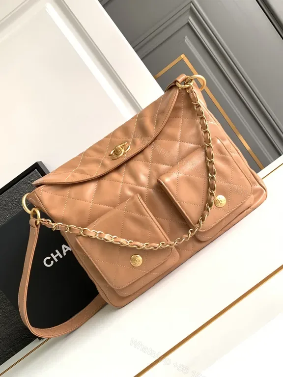 View 1 of Soft Quilted Leather Bag with Gold Chain Strap â€“ Camel Luxe Bundle (60)