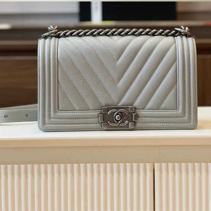 View 1 of Chanel Boy Medium Handbags Grey Leather With Silver Lock 25cm