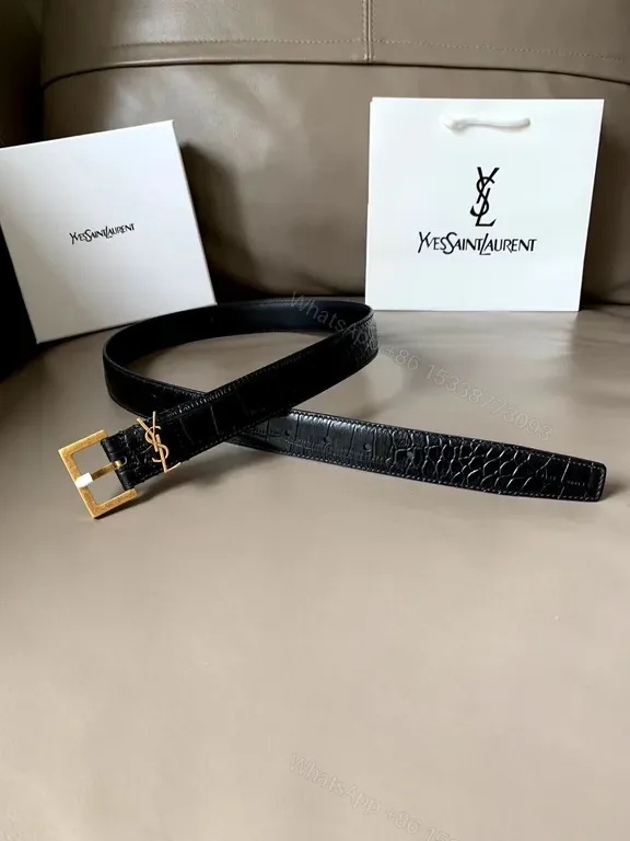 View 1 of Crocodile-Texture Belt with Signature Gold YSL Buckle