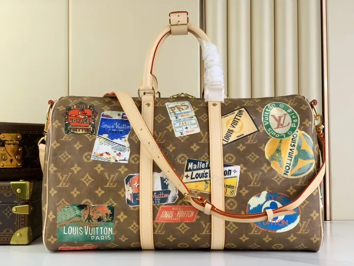 View 1 of Patchwork LV-Style Weekender: Luxury Travel Duffel with Patch Details