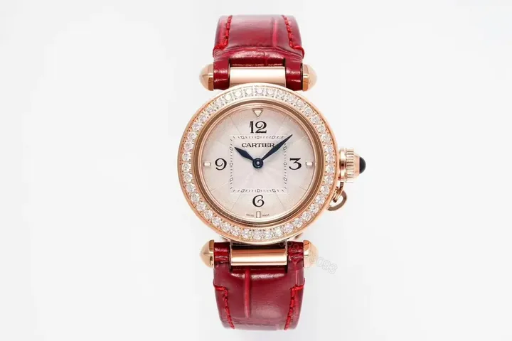 View 1 of K11 Factory Cartier Pasha de Cartier Women’s Watch, 30mm, Rose Gold with Diamond Bezel, Red Leather Strap, Blue Steel Hands
