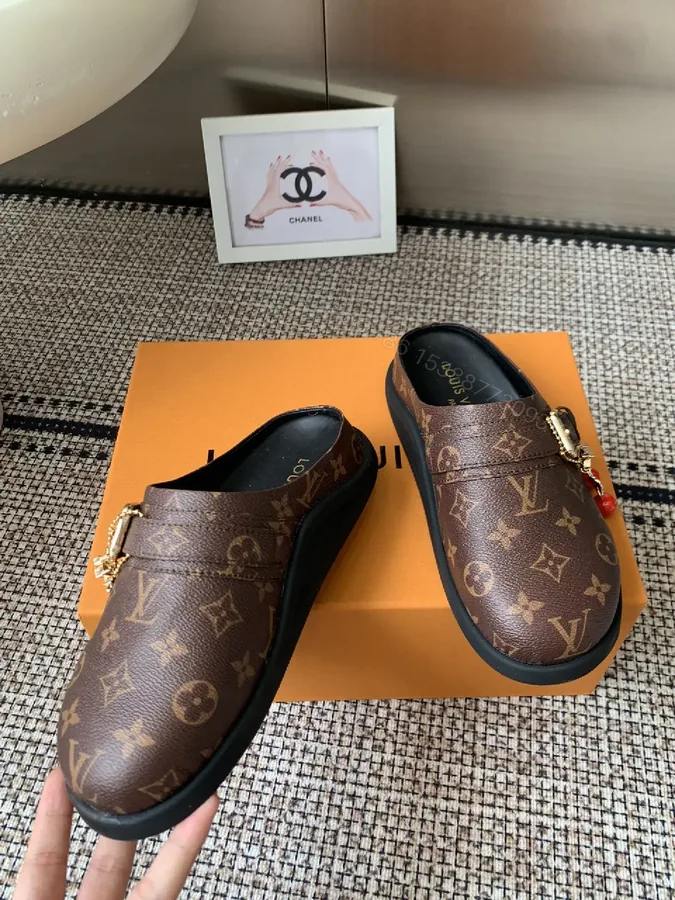 View 1 of Brown Monogram-Canvas Loafers with Gold Hardware, Slip-On Comfort