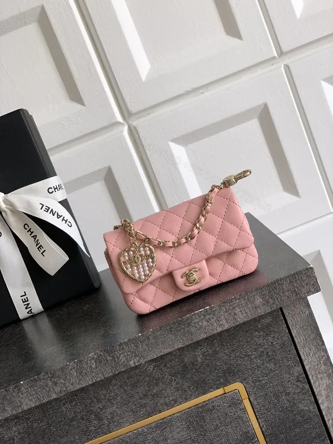 View 1 of Pink Quilted Mini Shoulder Bag - Gold Chain, Heart Charm, Lux Leather