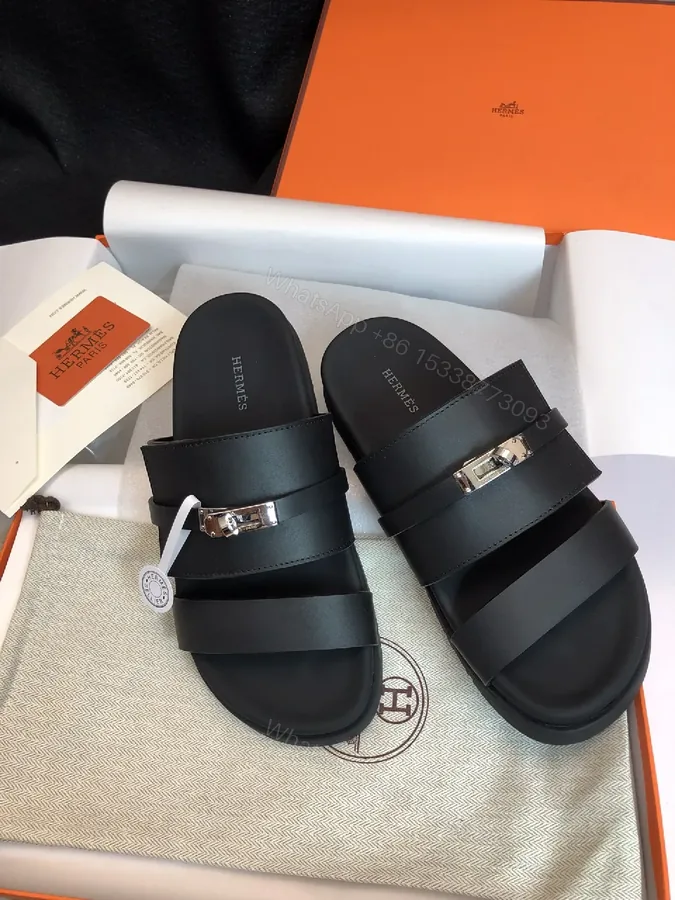 View 1 of Matte Black Leather Sandals with Signature Hardware