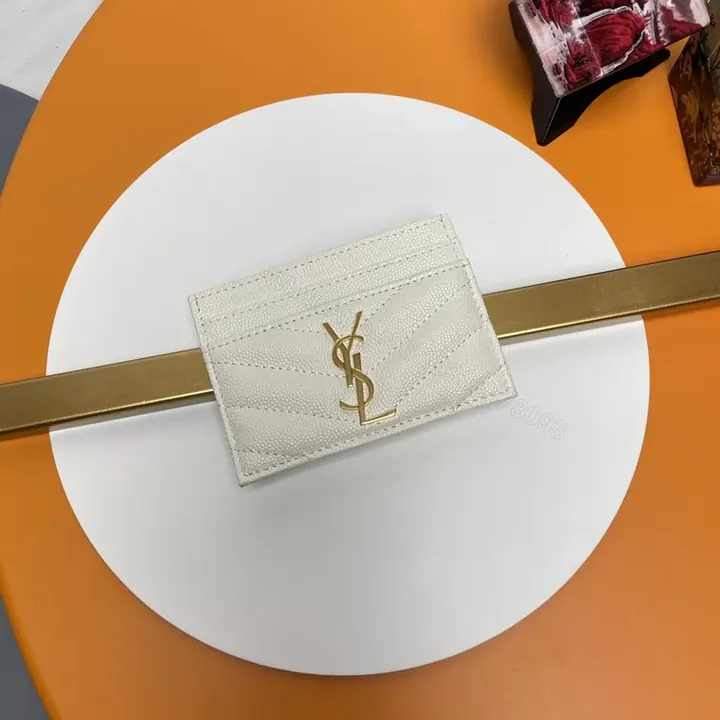 View 1 of Chic White Leather Cardholder with Gold YSL Emblem
