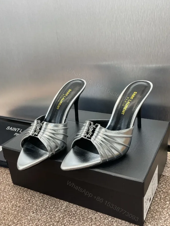 View 1 of Metallic Pointed-Toe Mule Heels with Signature Hardware Realized