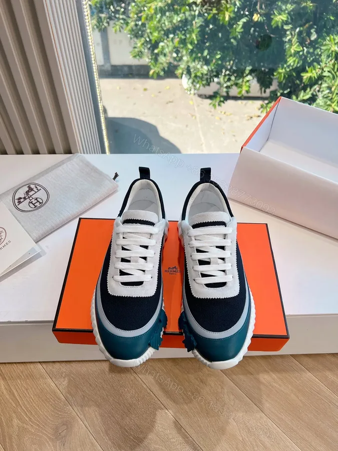 View 1 of Hermes Women Navy Blue White Mesh Sneakers