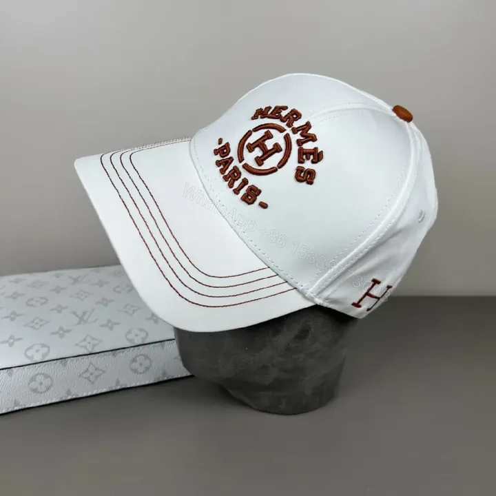 View 1 of White Cotton Cap + Embroidered Hermes Pattern + Modern Crown + Subtle Luxury + Cap