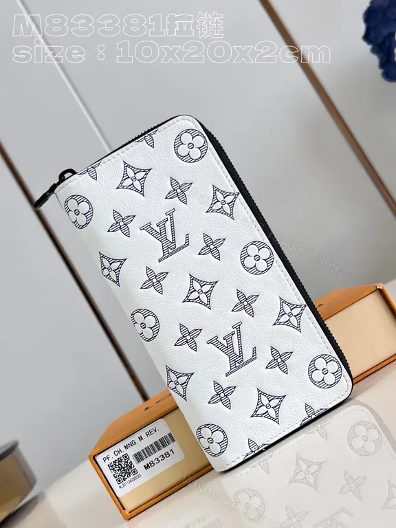 View 1 of White LV Monochrome Luxe Wallet - Slim Zip-Around, Signature Motifs